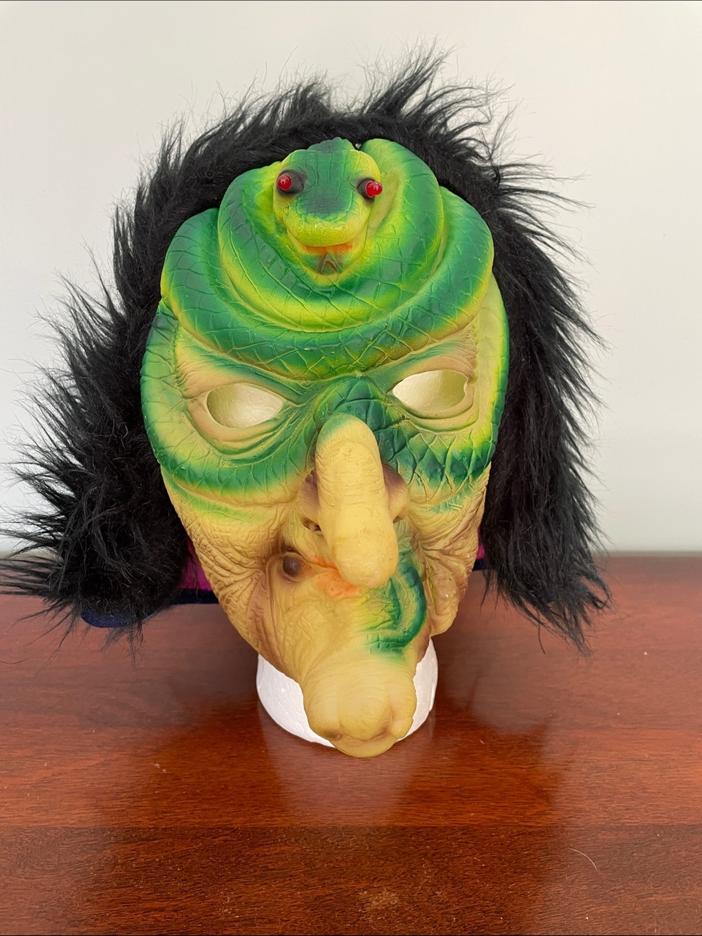 Green Snake Witch Halloween Mask with Black Hair